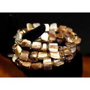 Gold & Brown Iridescent Stone Bracelet Triple Spiral Stretch Gold Bead Rock Chip